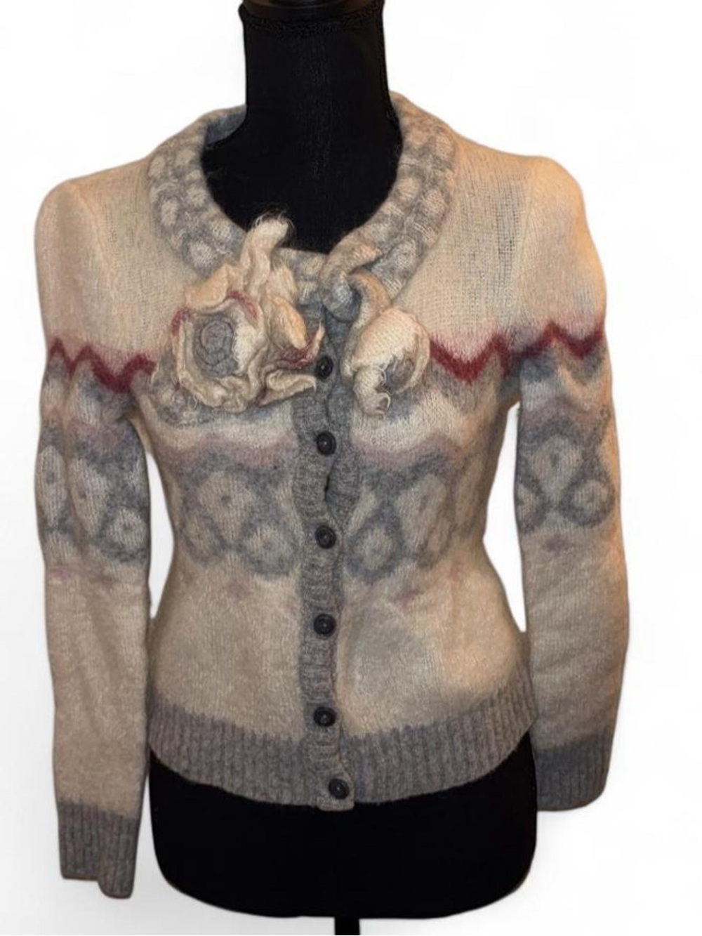 Women’s Cream and Gray Floral Trim Buttoned Cardigan